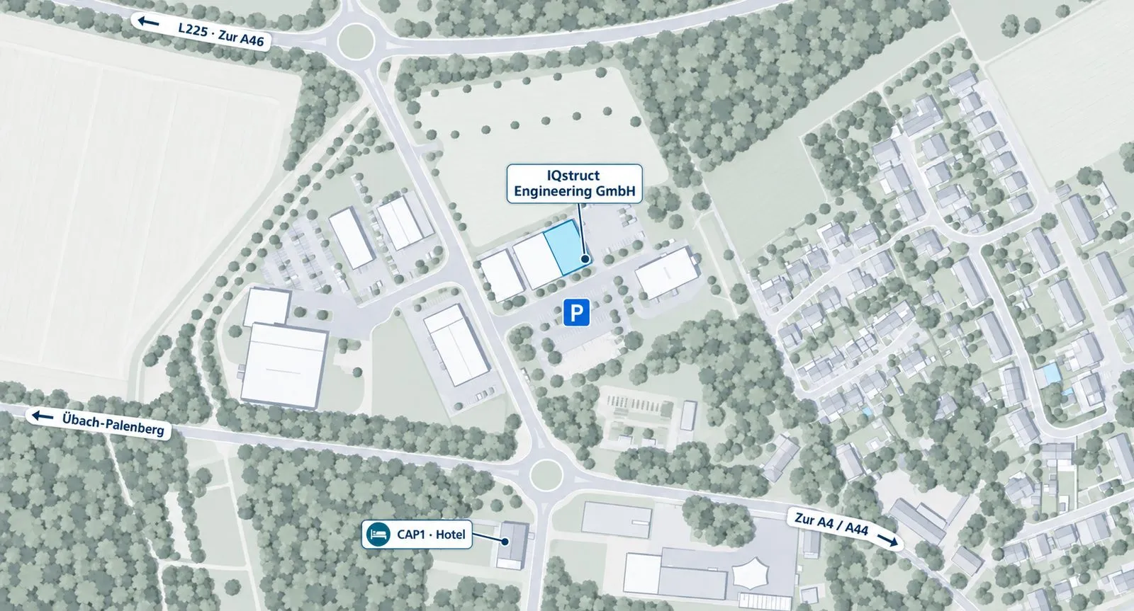 Anfahrtskarte zur IQstruct Engineering GmbH mit markiertem Eingang, Parkplatz gegenüber, Hotel CAP1 und Richtungen zu A4, A44 und A46 sowie nach Übach-Palenberg