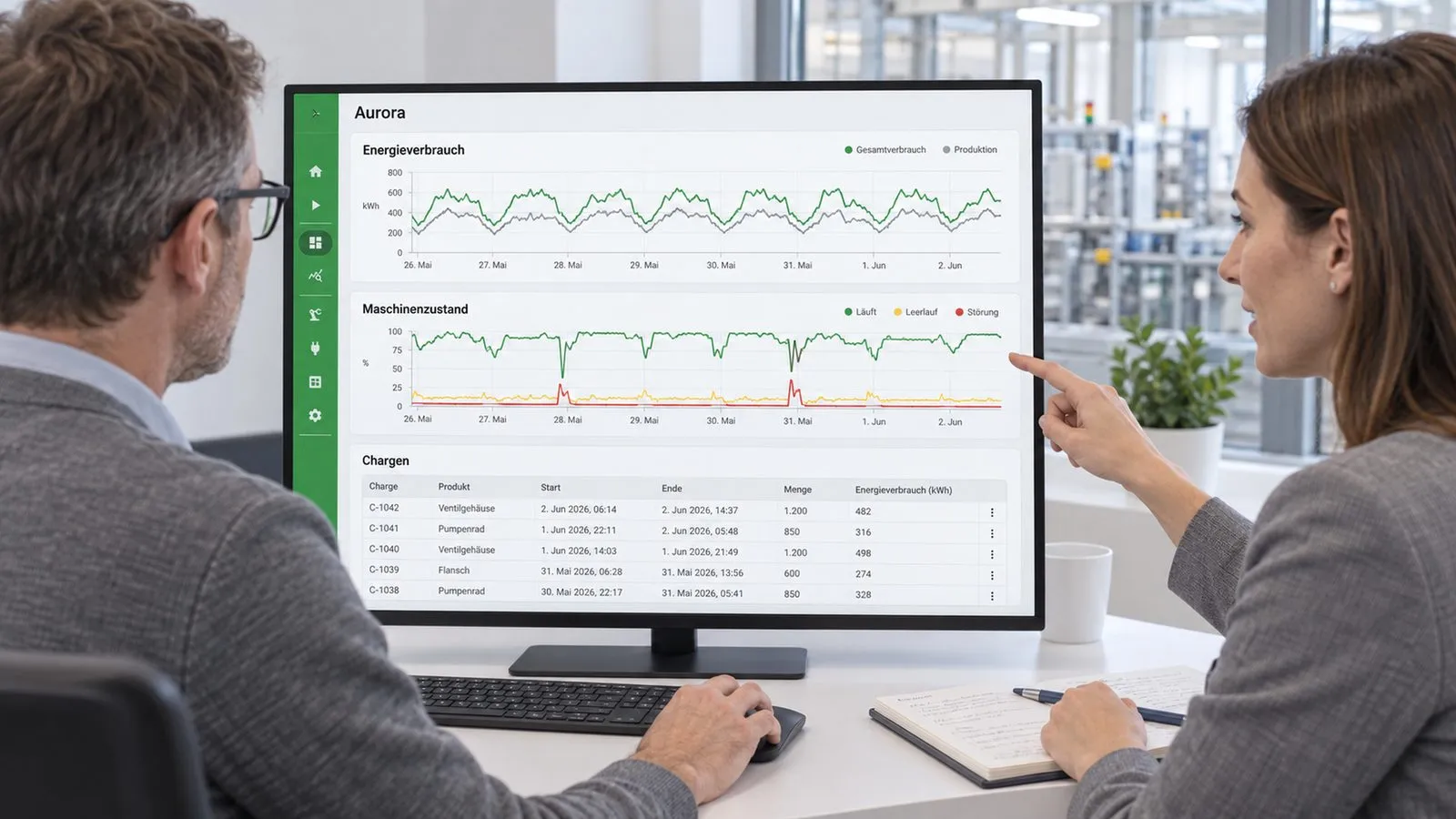 Besprechung am Bildschirm mit einer gemeinsamen Auswertung von Energie- und Produktionsdaten
