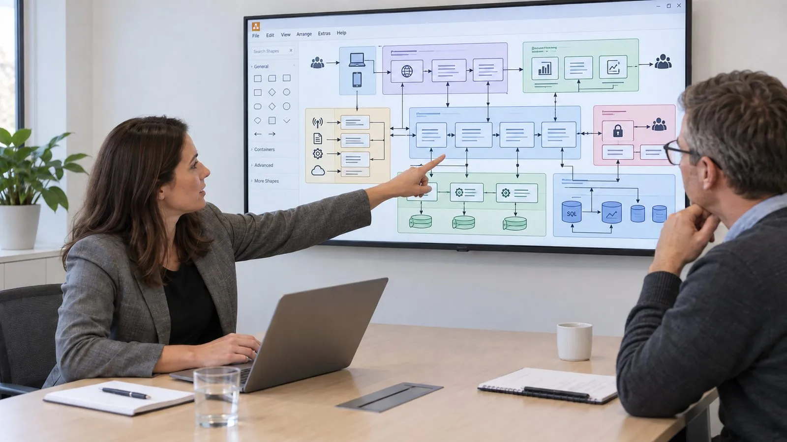 Fachleute besprechen am Besprechungstisch eine umfangreiche Softwarearchitektur auf dem Bildschirm