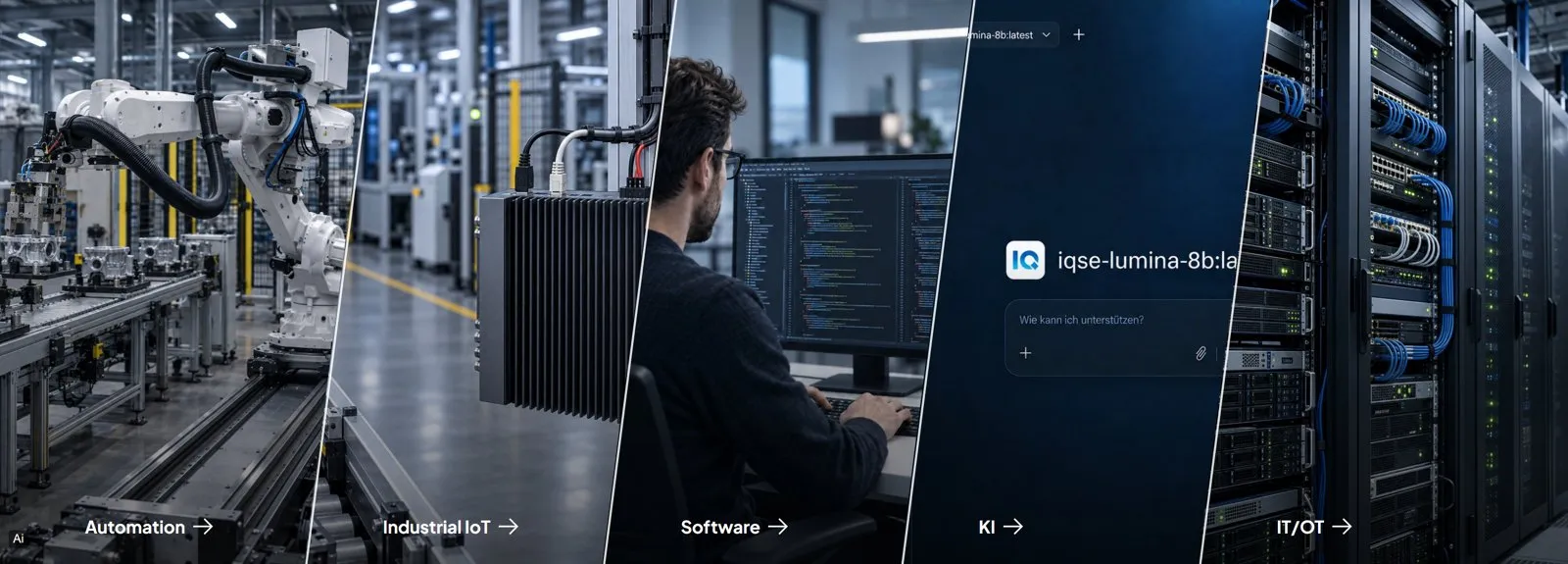 Fünf schräge Bildfelder mit den Bereichen Automation, Industrial IoT, Software, künstliche Intelligenz und IT/OT