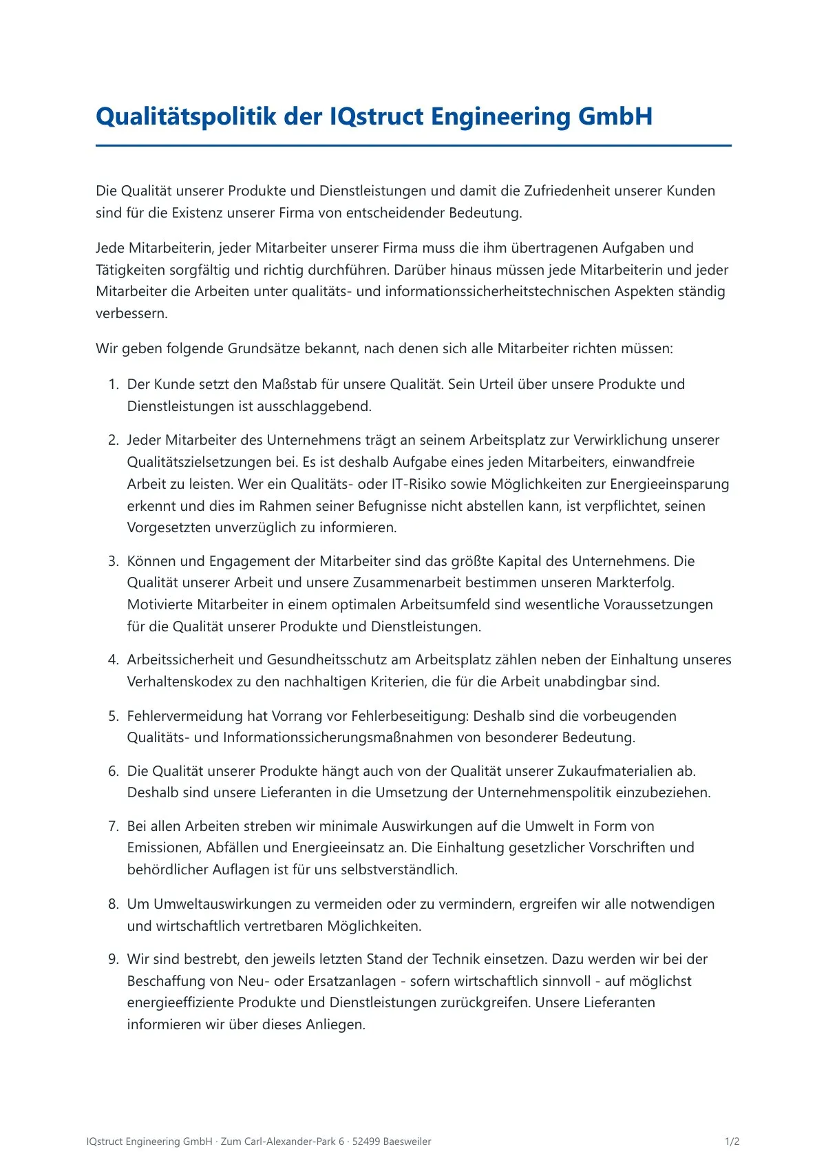 Titelseite des Dokuments Qualitätspolitik der IQstruct Engineering GmbH