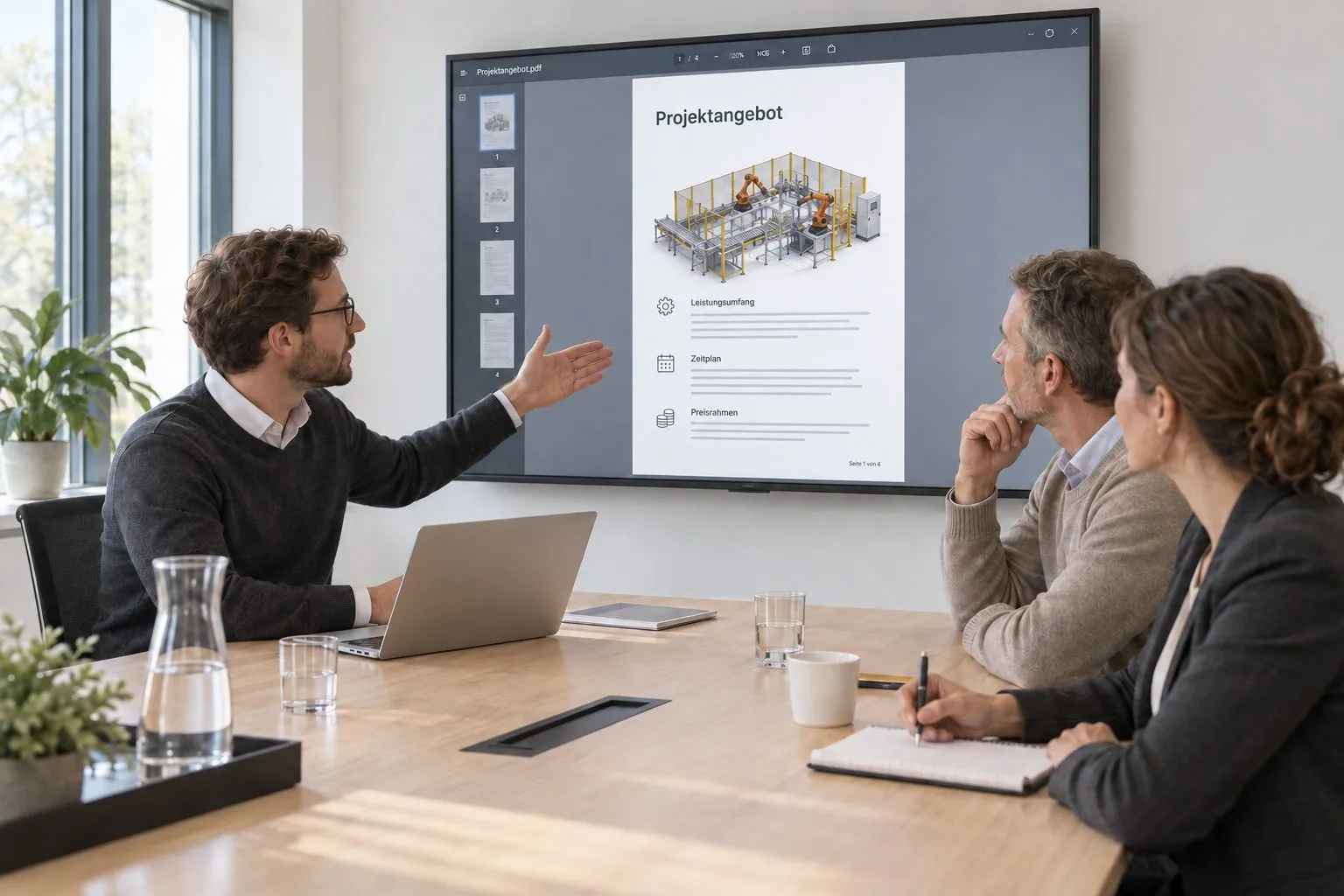 Drei Personen am Besprechungstisch, auf dem Bildschirm ein Projektangebot mit Anlagenmodell
