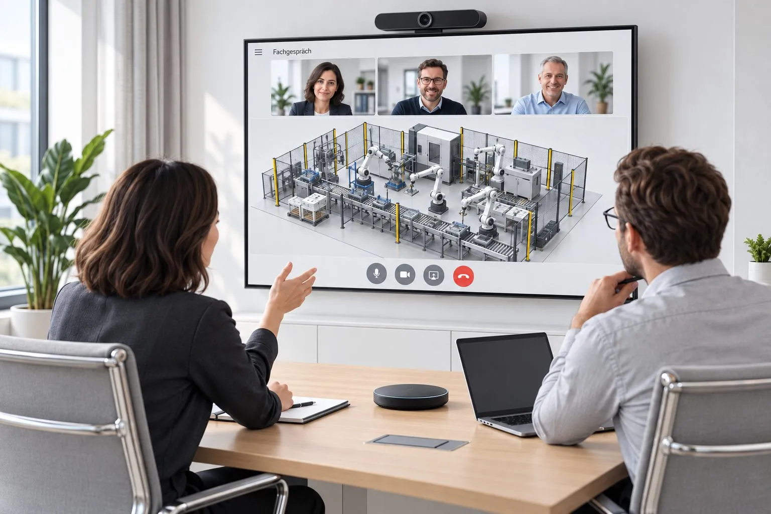 Zwei Personen im Besprechungsraum im Videocall mit drei Fachleuten, auf dem Bildschirm ein Anlagenmodell