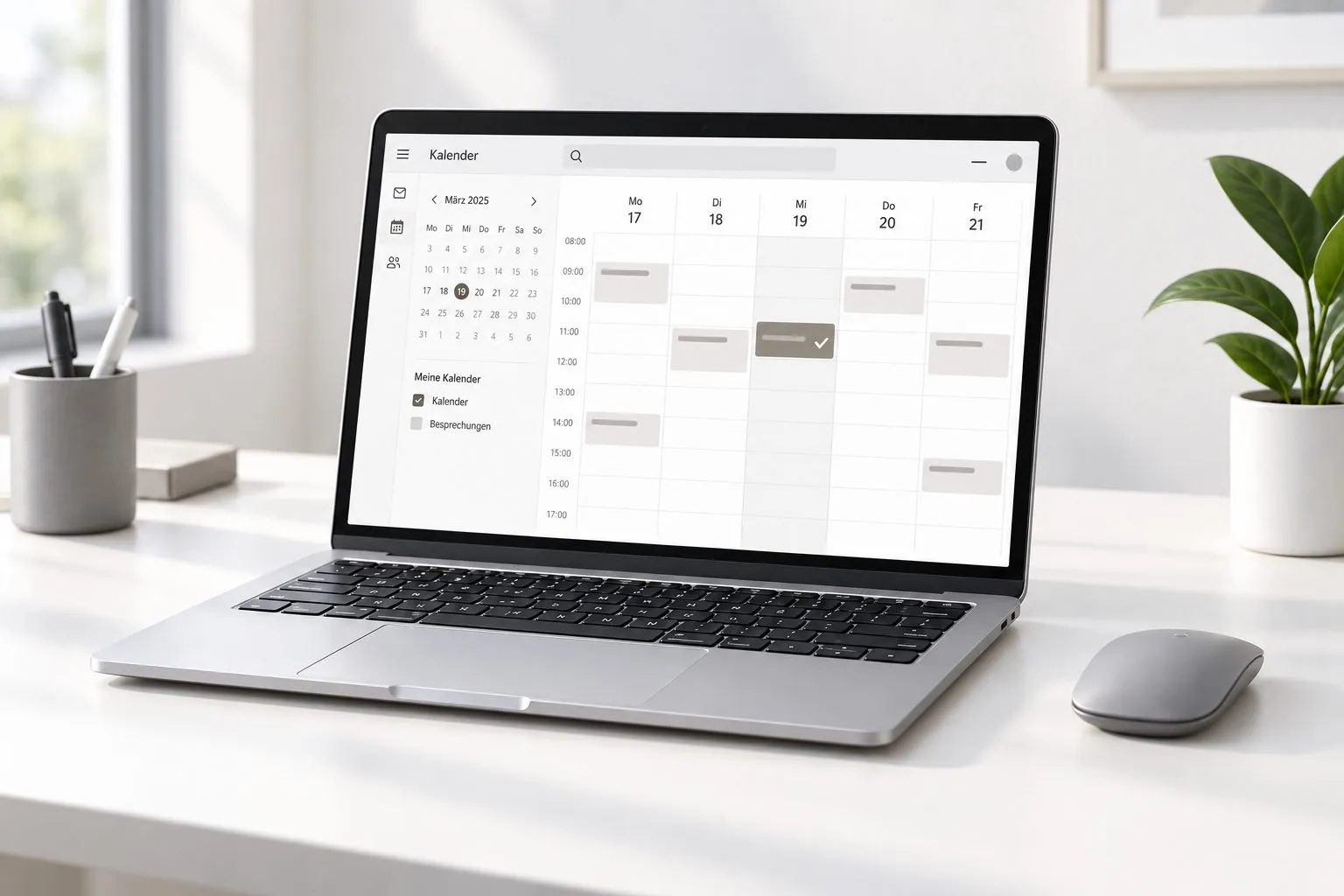 Notebook auf einem Schreibtisch mit geöffnetem Kalender und ausgewähltem Termin