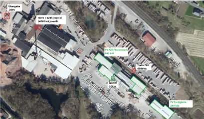 Luftbild eines Ziegelwerks mit markierter Übergabestation, Transformatoren, Photovoltaikflächen und Blockheizkraftwerk