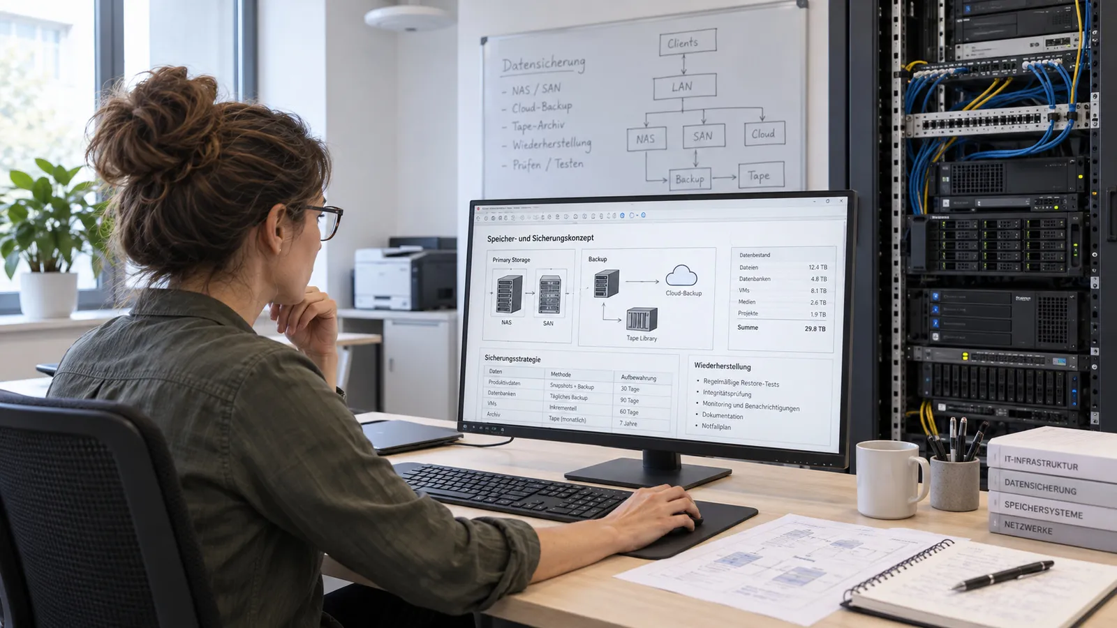 Eine Administratorin plant am Bildschirm ein Sicherungskonzept mit NAS, SAN, Cloud und Band