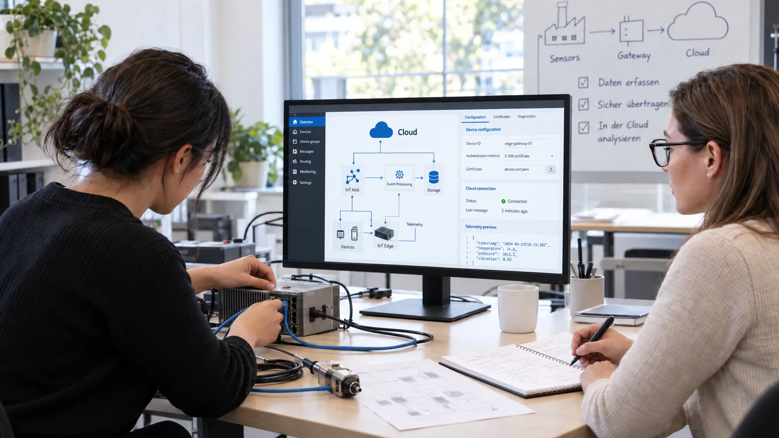 Eine Technikerin konfiguriert am Bildschirm den Datenweg vom Gateway in die Cloud, eine Kollegin notiert