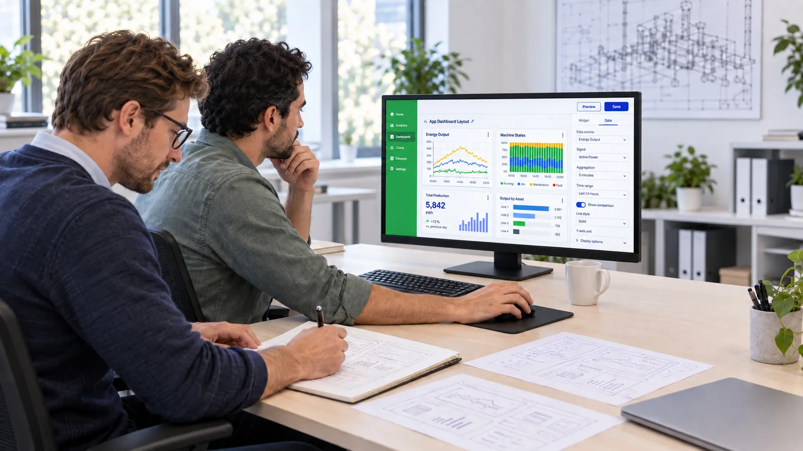 Zwei Personen stellen am Bildschirm die Ansichten eines Produktionsdashboards zusammen