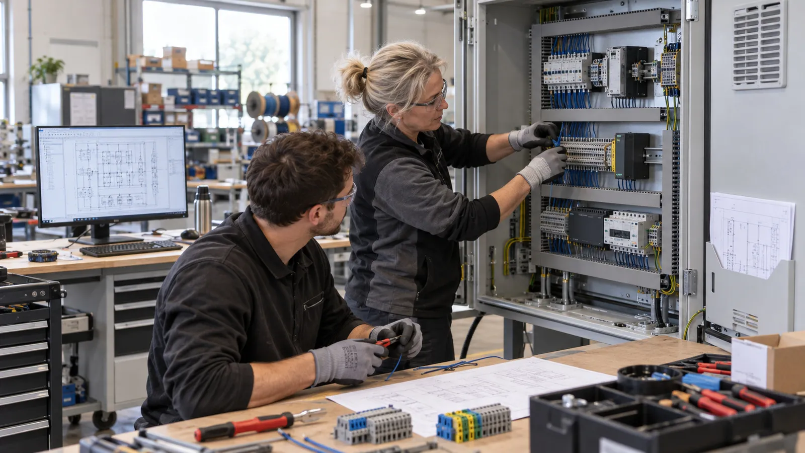 Eine Monteurin verdrahtet einen Schaltschrank in der Werkstatt, ein Kollege bereitet am Tisch Klemmen vor