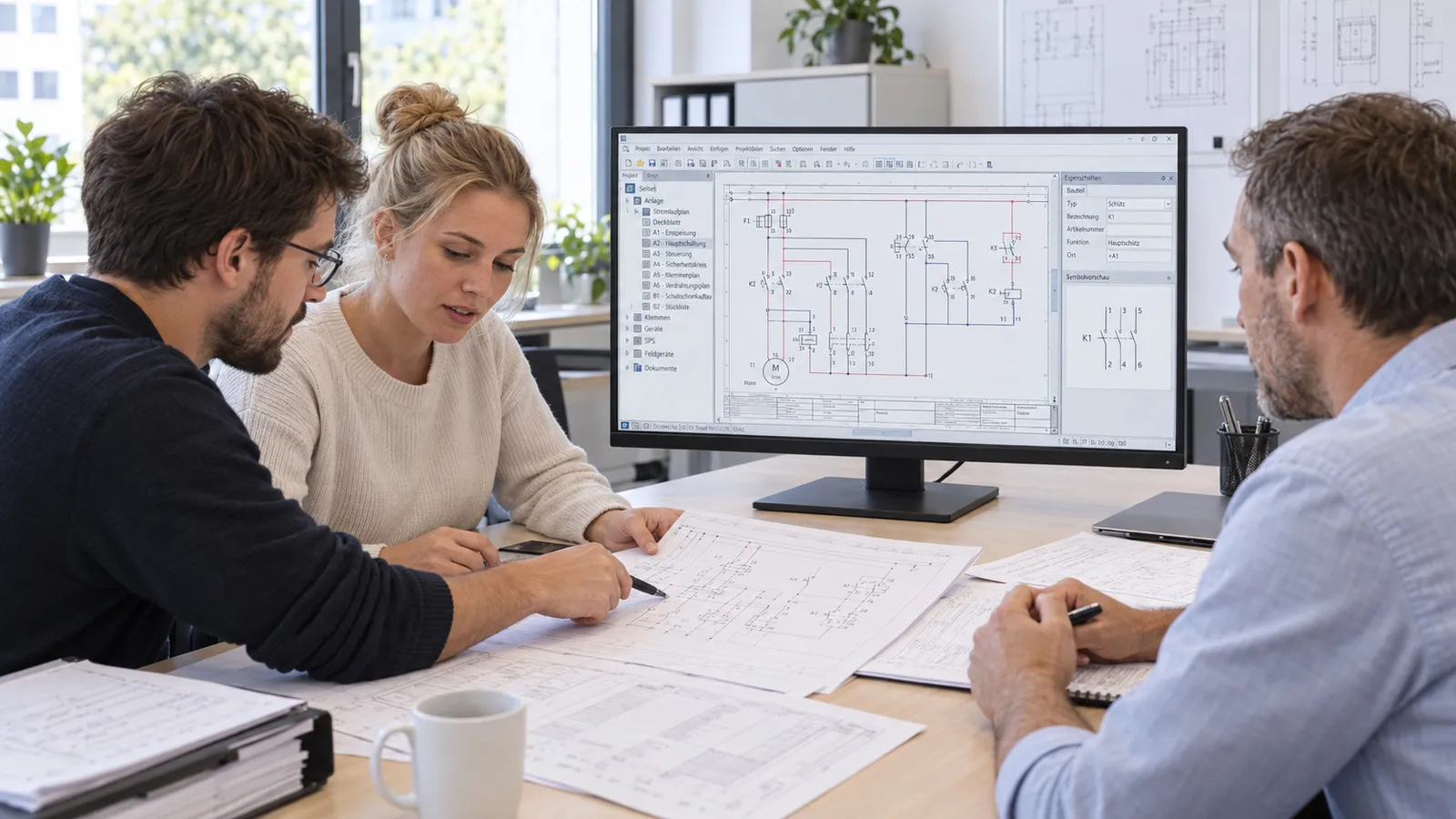Drei Personen arbeiten am Tisch an Stromlaufplänen, auf dem Bildschirm eine Software für die Elektrokonstruktion
