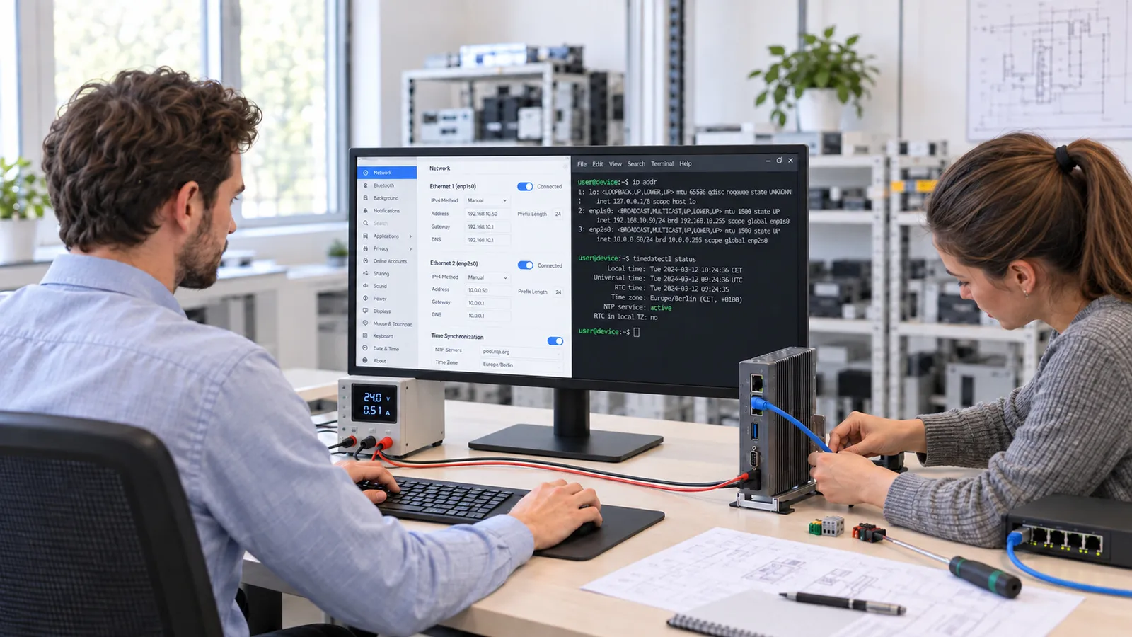 Edge-Gerät auf der Hutschiene eines Schaltschranks, daneben verdrahtete Klemmen