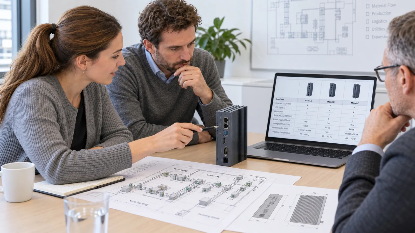 Drei Personen vergleichen am Tisch Industrie-PCs und Gateways, auf dem Laptop eine Gegenüberstellung