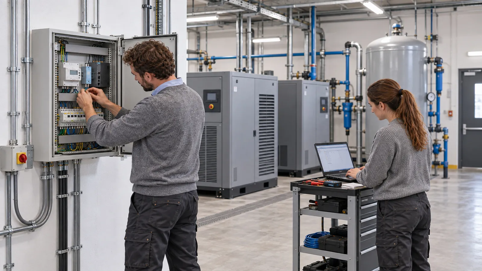 Ein Techniker verdrahtet einen Energiezähler im Schaltschrank, eine Kollegin prüft die Verbindung am Laptop neben Kompressoren