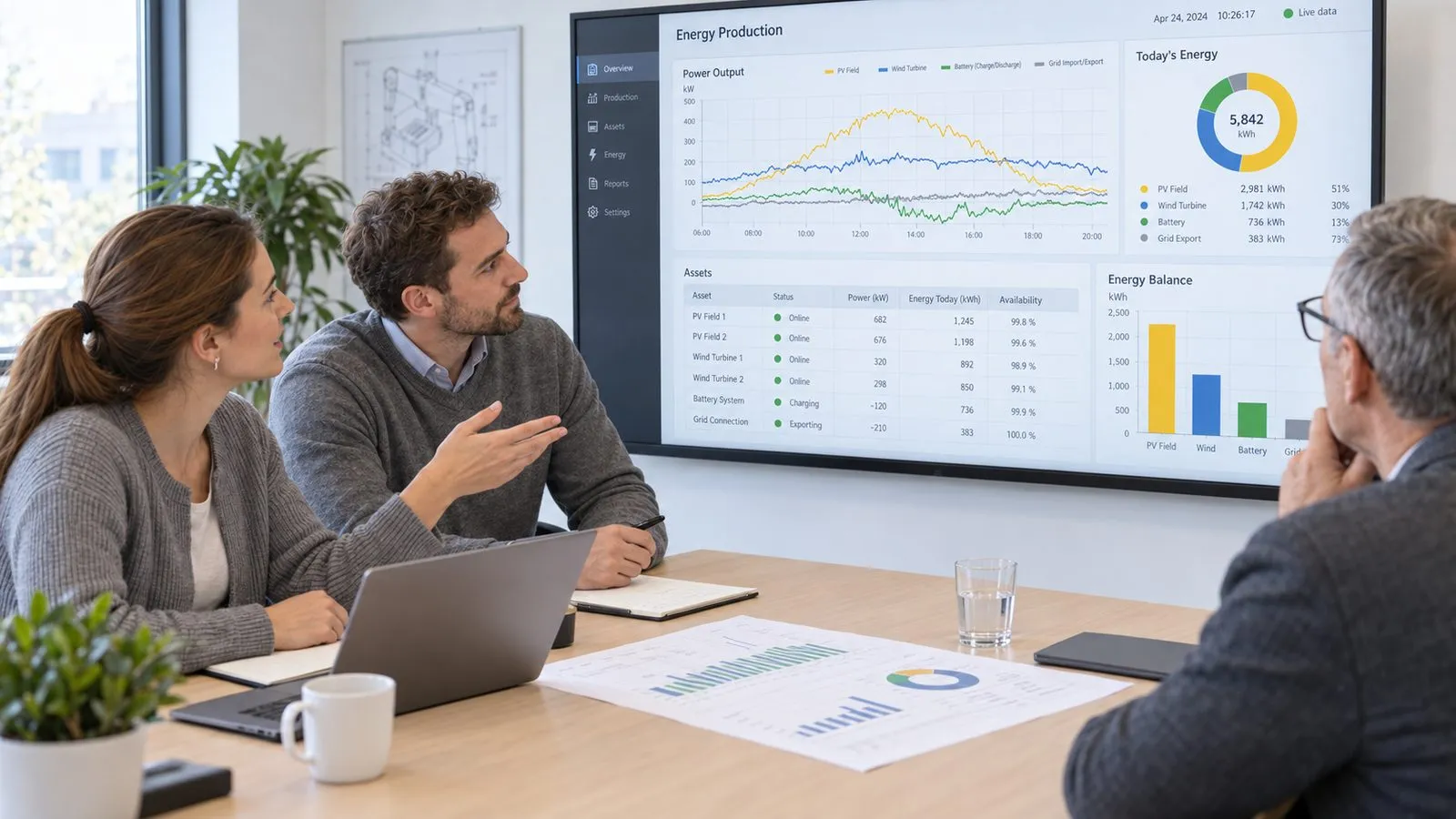 Drei Personen besprechen im Besprechungsraum ein Dashboard mit Leistungsverläufen, Energiebilanz und Anlagentabelle