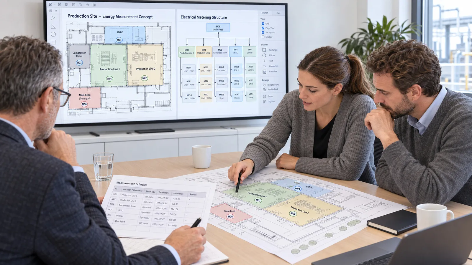 Drei Personen planen am Tisch die Messstellen einer Produktion, auf dem großen Bildschirm das Energiemesskonzept