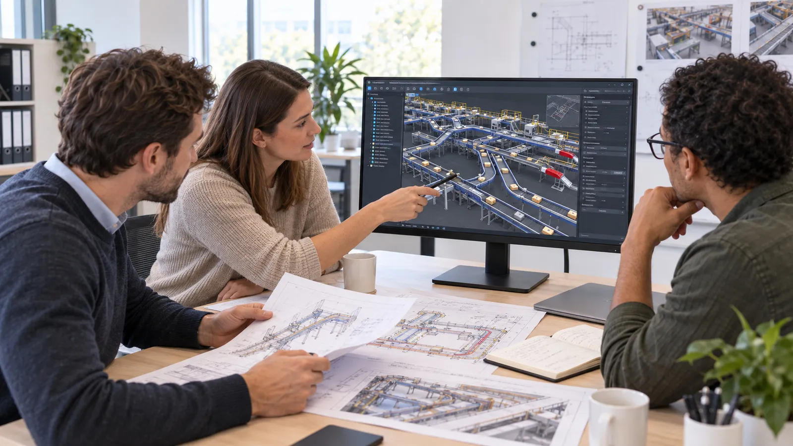 Drei Personen besprechen das dreidimensionale Simulationsmodell der Förderanlage am Bildschirm