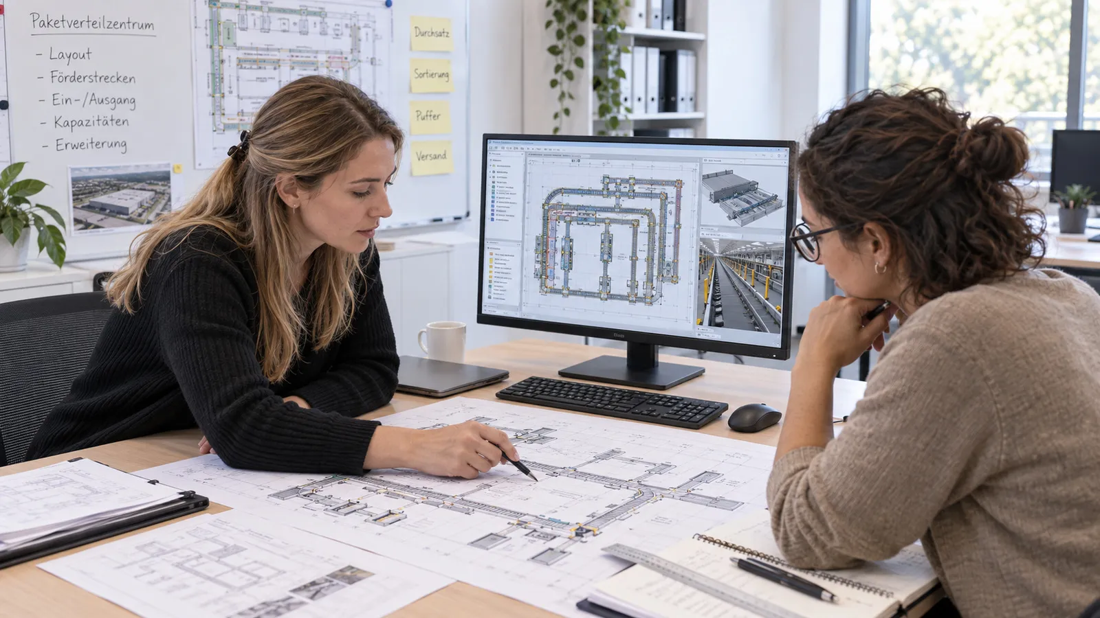 Zwei Frauen planen am Tisch das Layout eines Paketverteilzentrums mit Förderstrecken, auf dem Bildschirm dasselbe Layout
