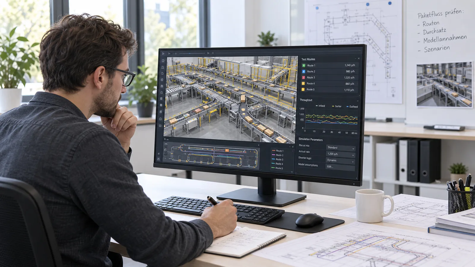 Ein Ingenieur verfolgt am Bildschirm die Paketwege in der Simulation mit Routen und Durchsatzkurven