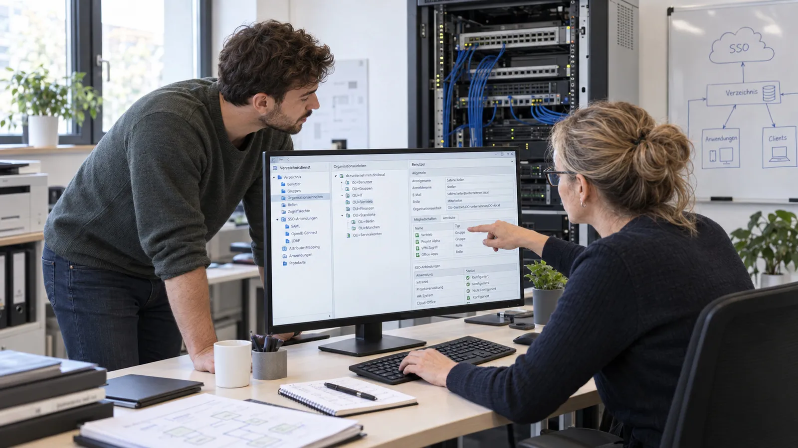 Zwei Administratoren richten am Bildschirm Verzeichnis, Rollen und Anmeldung über Single Sign-on ein