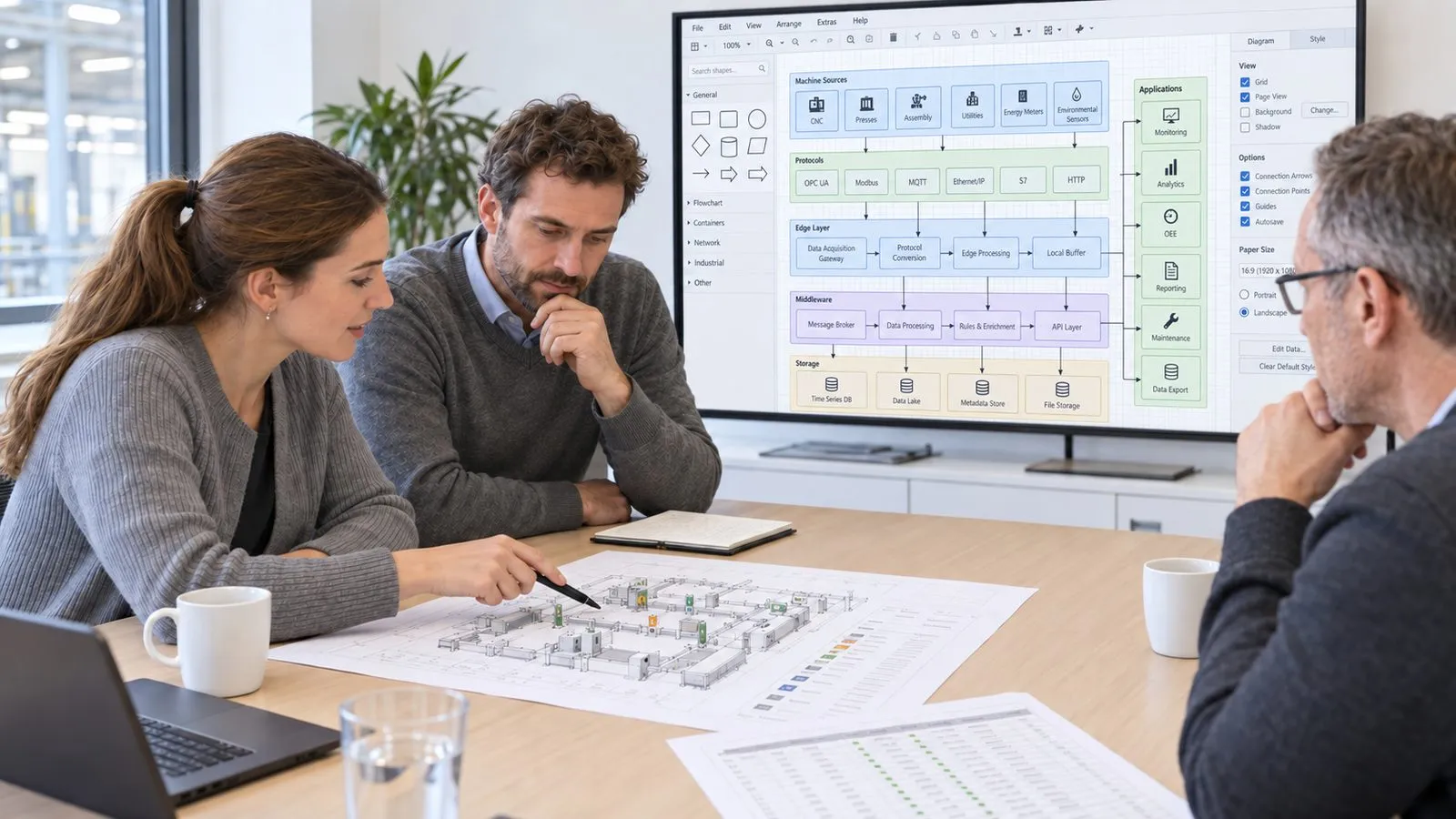 Drei Personen besprechen am Tisch ein Hallenlayout, auf dem Bildschirm ein Architekturdiagramm der Datenerfassung