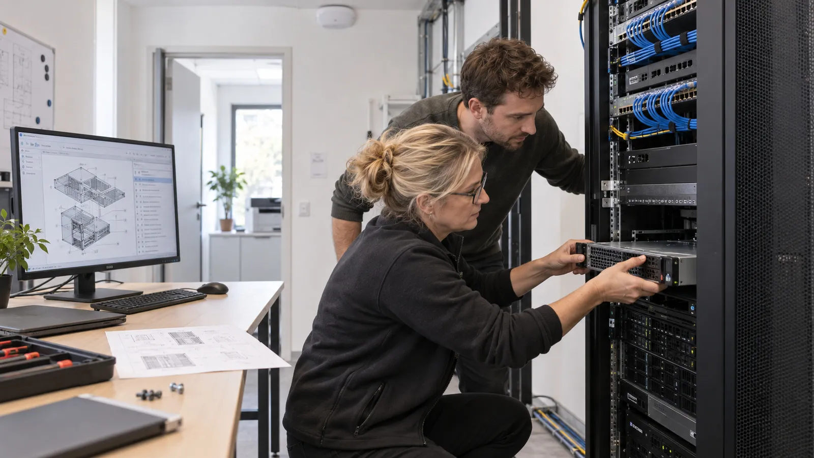 Zwei Techniker tauschen ein Gerät im Serverschrank