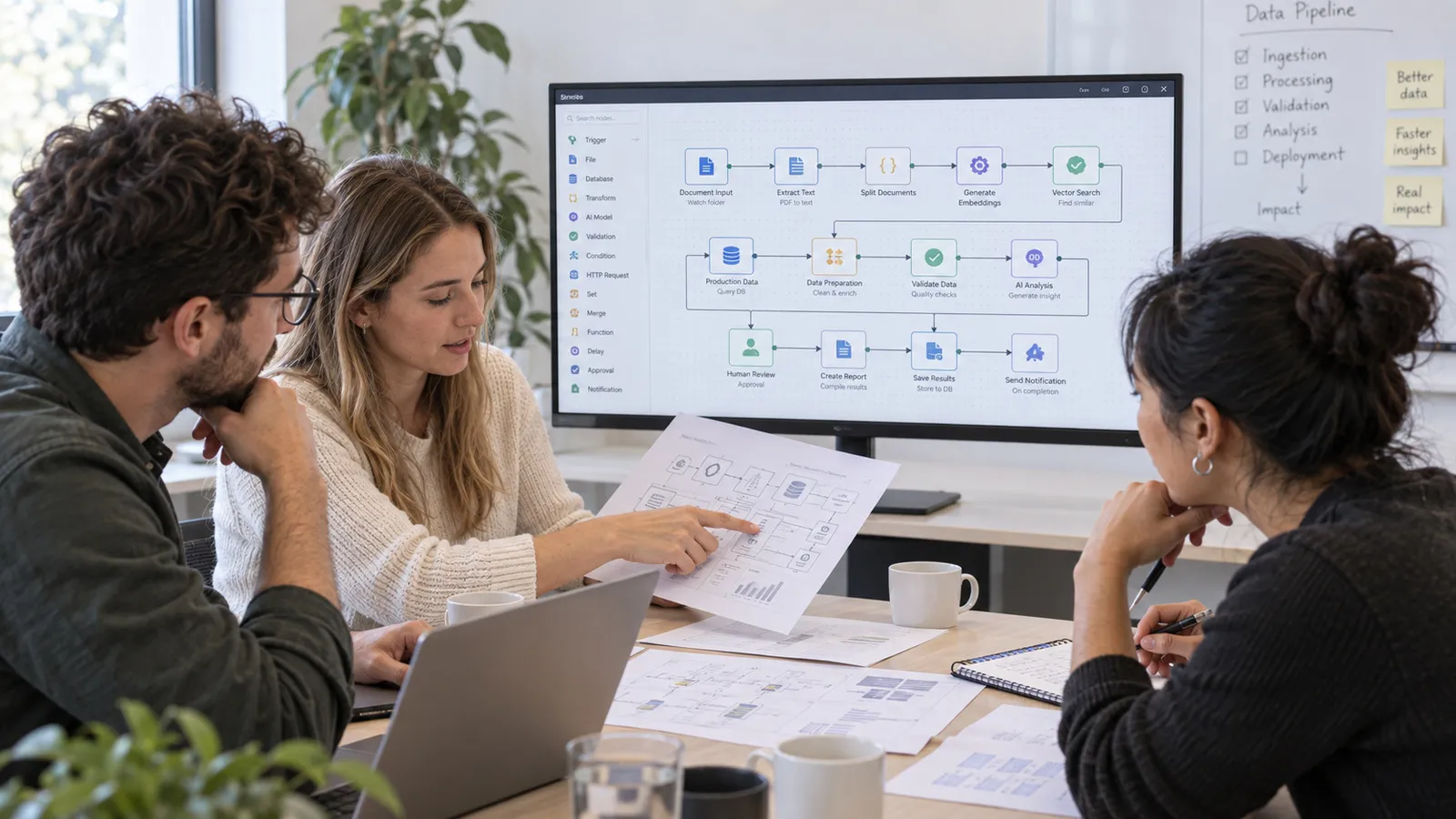 Drei Personen modellieren am Bildschirm einen Workflow für die Datenauswertung