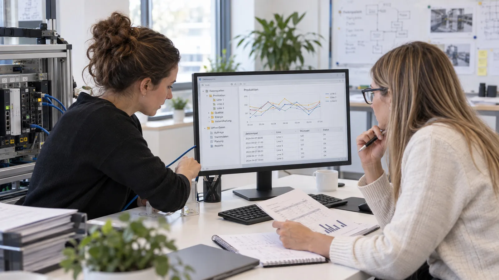 Zwei Frauen ordnen am Bildschirm Produktionsdaten und Büroinformationen einer Fragestellung zu