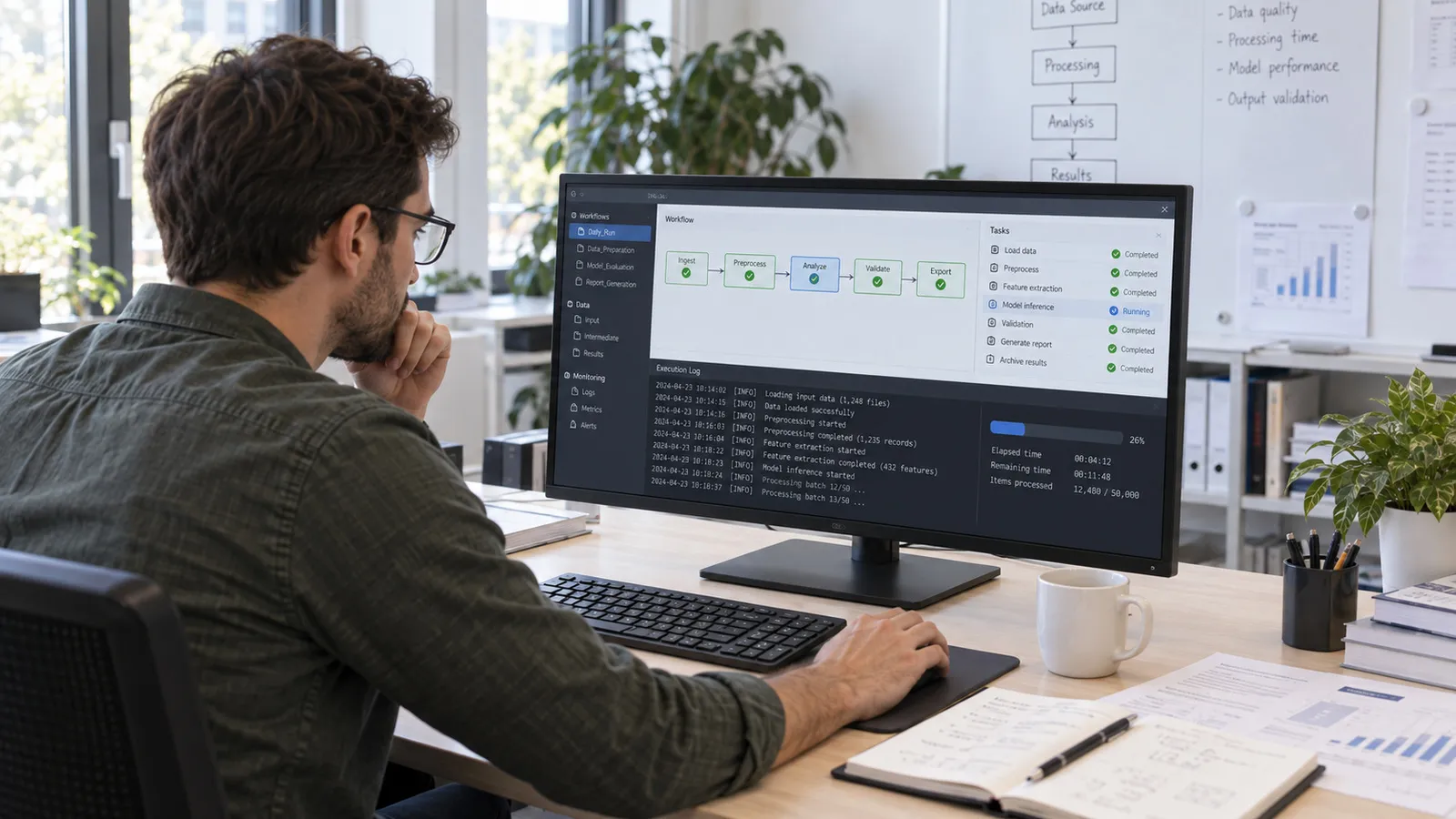 Ein Mitarbeiter überwacht am Bildschirm den laufenden Workflow und seine Ergebnisse