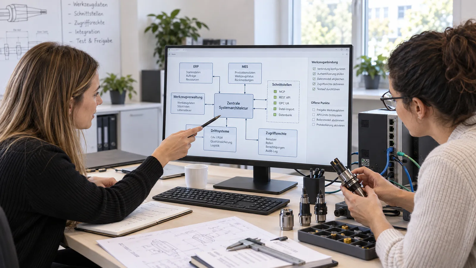 Zwei Frauen prüfen am Bildschirm die Architektur mit ERP, MES und Zugriffsrechten