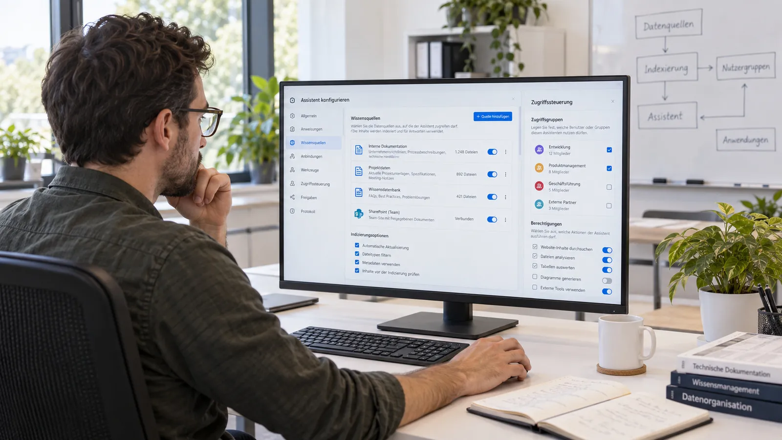 Ein Administrator konfiguriert am Bildschirm Wissensquellen und Zugriffsrechte eines KI-Assistenten