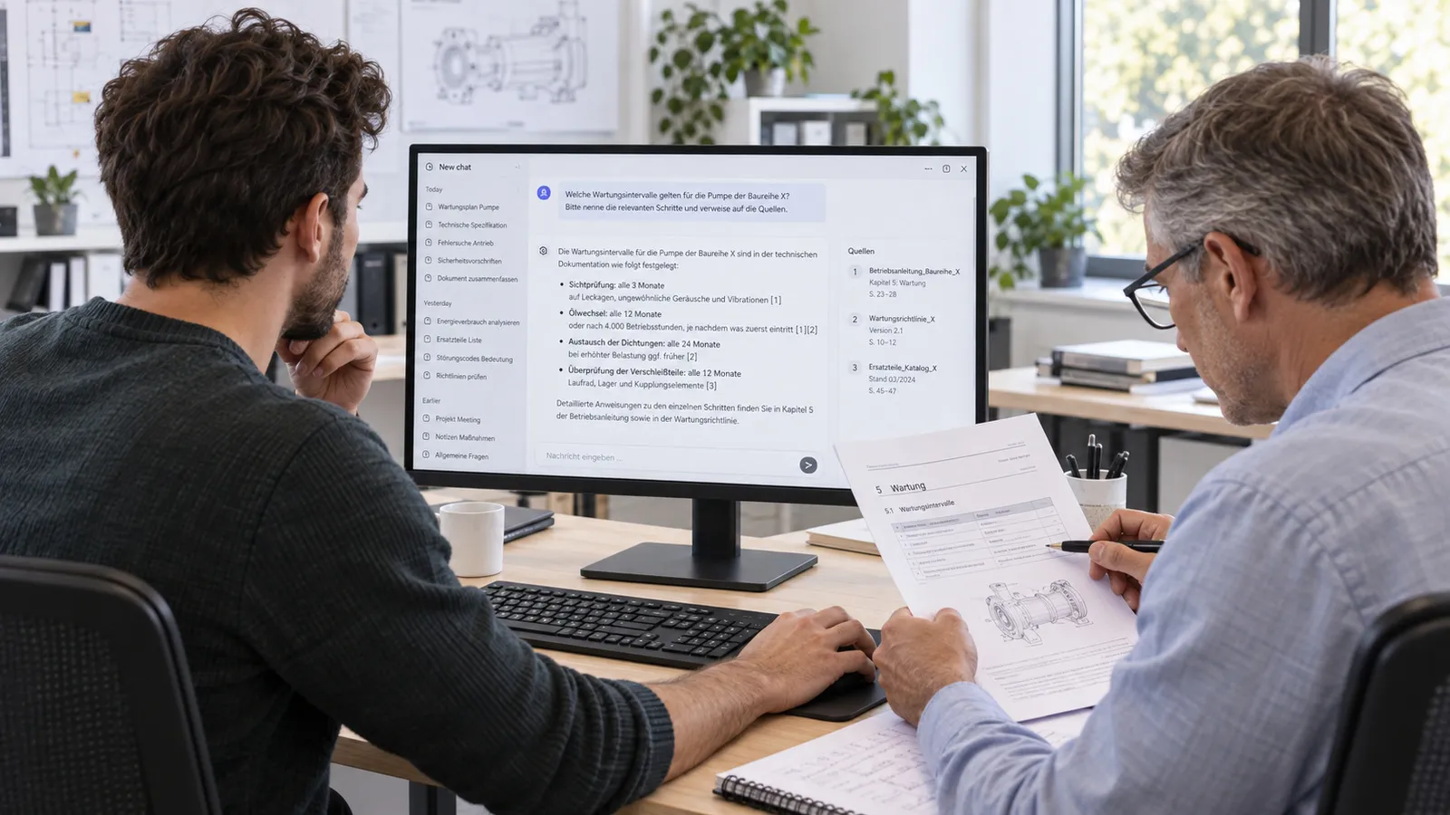 Ein Mitarbeiter stellt dem KI-Assistenten eine Frage, ein Kollege prüft die Antwort am Dokument