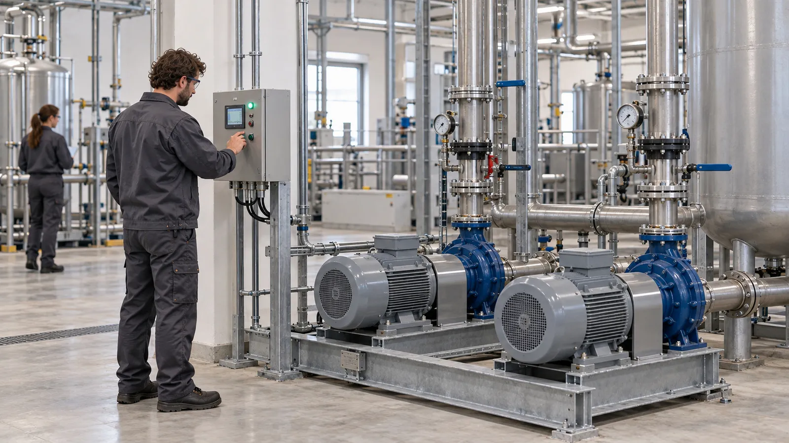 Ein Mitarbeiter bedient die Pumpenanlage im laufenden Betrieb am Schaltkasten