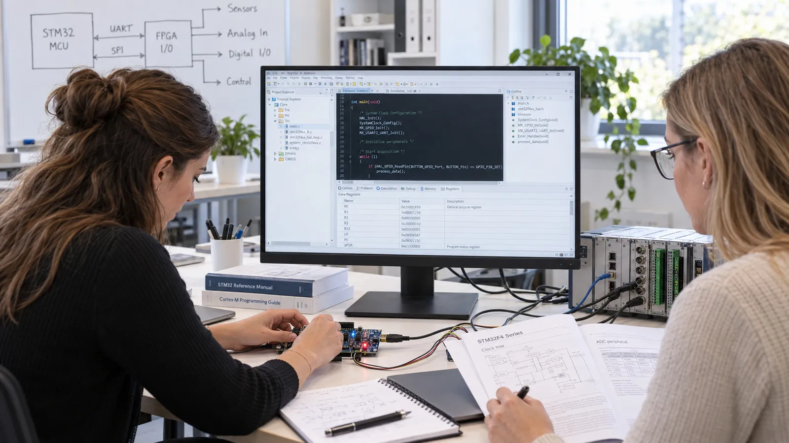 Eine Entwicklerin schreibt Firmware für einen Mikrocontroller, die Platine ist angeschlossen, auf dem Whiteboard Mikrocontroller und FPGA