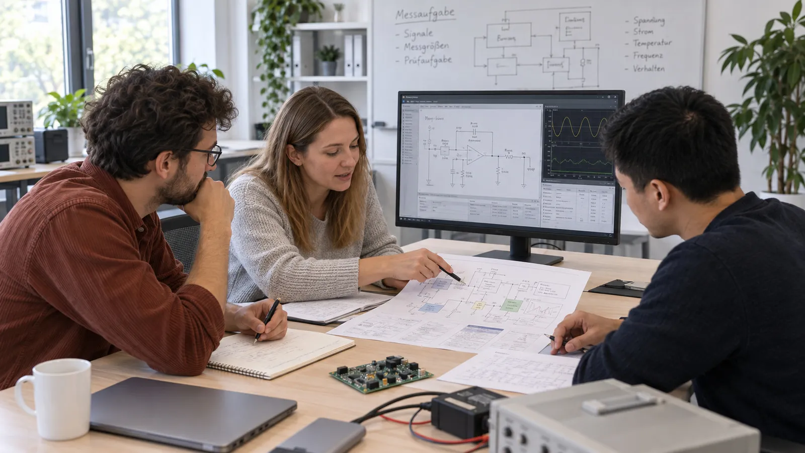 Drei Personen besprechen an einem Elektronikarbeitsplatz Signale und Messgrößen, am Bildschirm ein Schaltplan