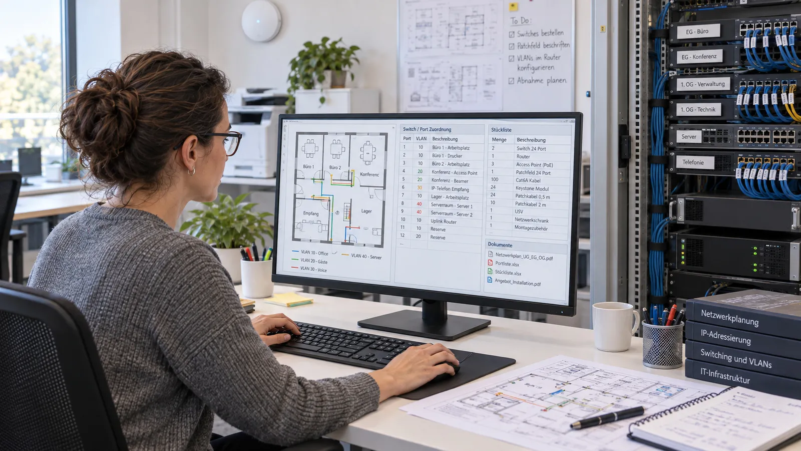 Eine Planerin legt am Bildschirm Switches, VLANs und Anschlüsse fest, daneben ein Netzwerkschrank