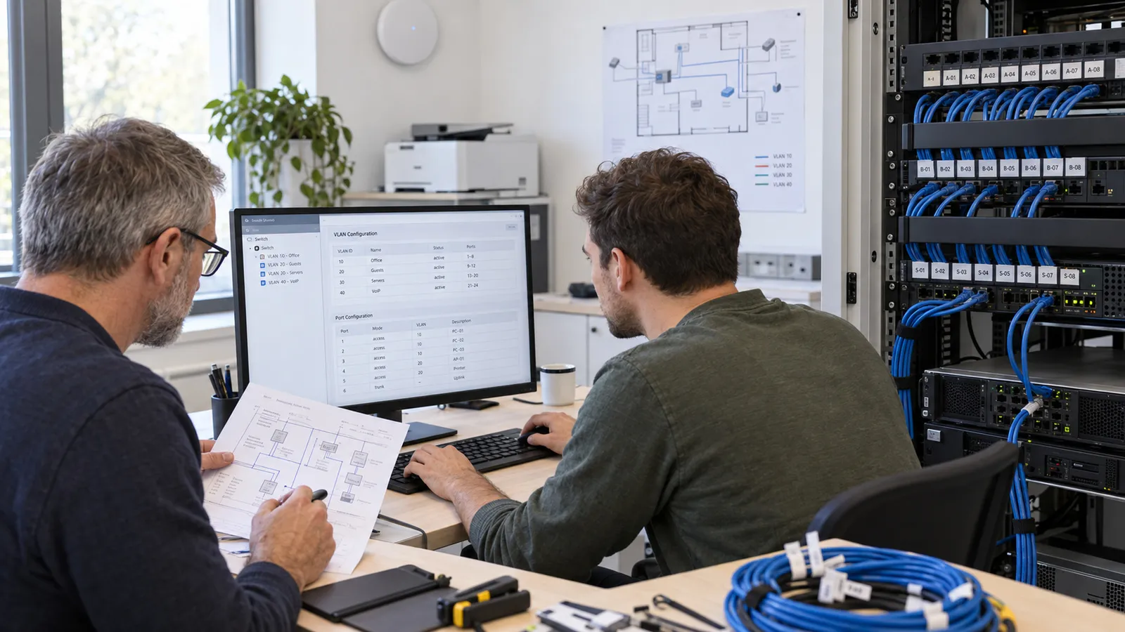 Zwei Techniker konfigurieren VLANs am Bildschirm, daneben der Netzwerkschrank mit beschrifteter Verkabelung