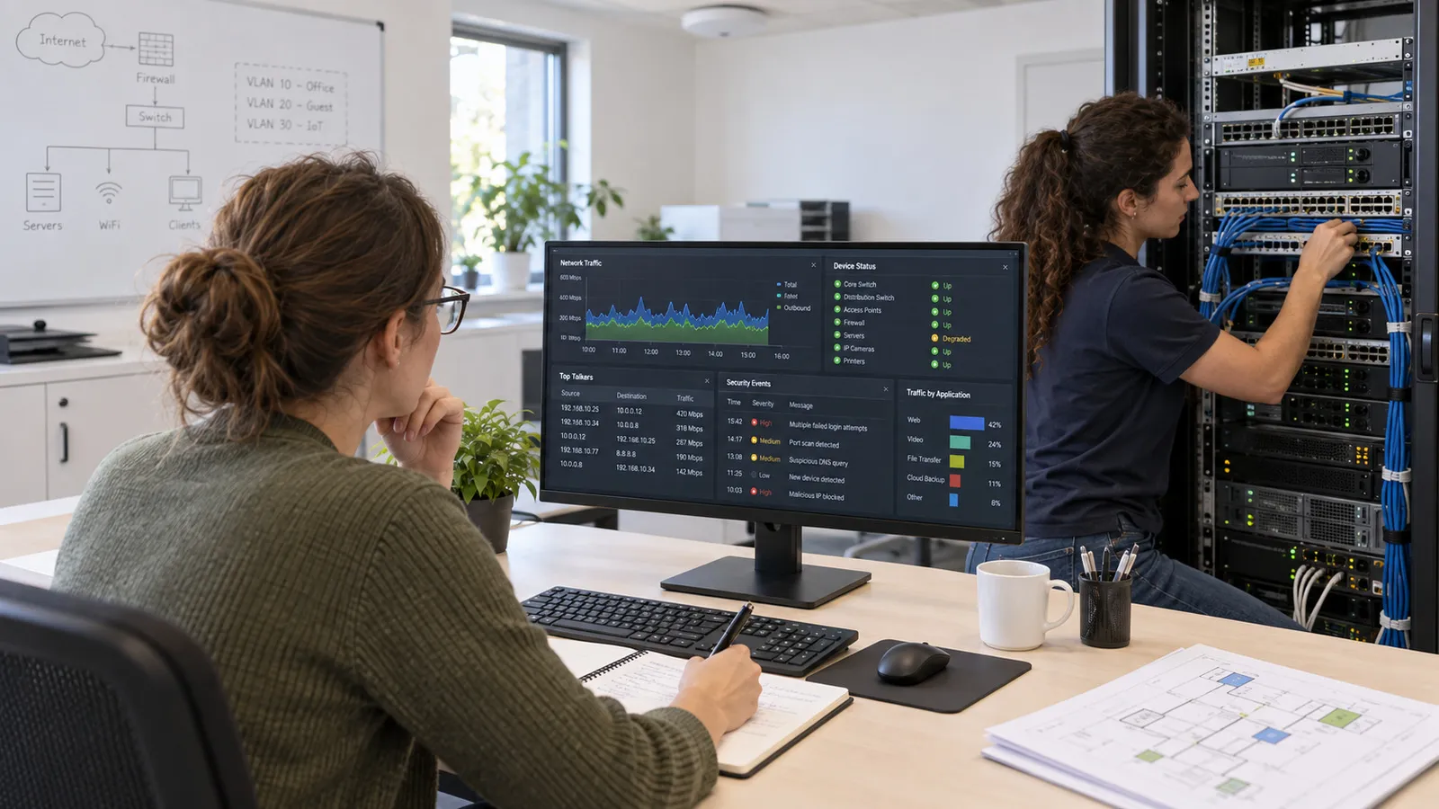 Eine Mitarbeiterin verfolgt Verkehr und Gerätezustände im Monitoring, eine Kollegin arbeitet am Netzwerkschrank