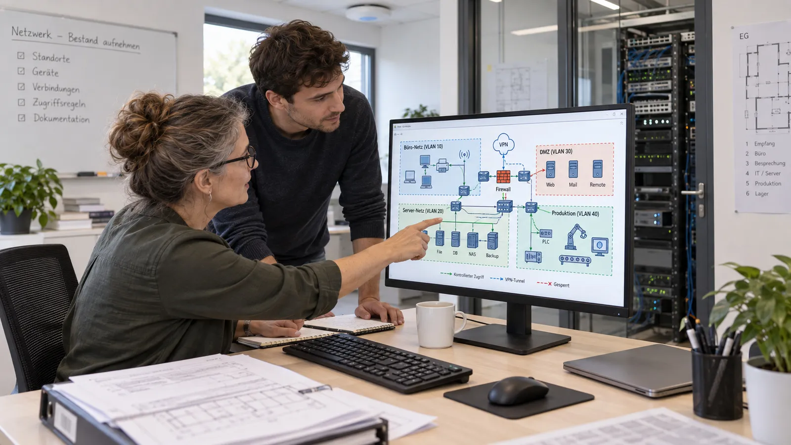 Zwei Personen erfassen am Bildschirm das Netzwerkdiagramm mit Büro, Produktion, Servern und Übergängen