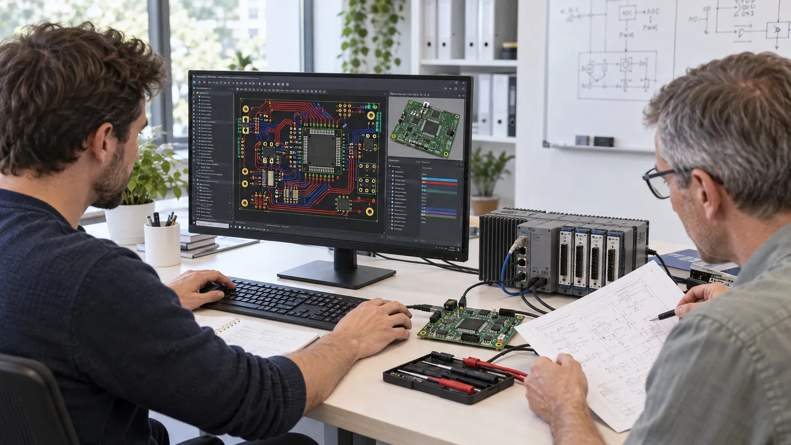 Ein Entwickler bearbeitet am Bildschirm das Layout einer Platine, daneben ein modulares Messsystem und die fertige Platine