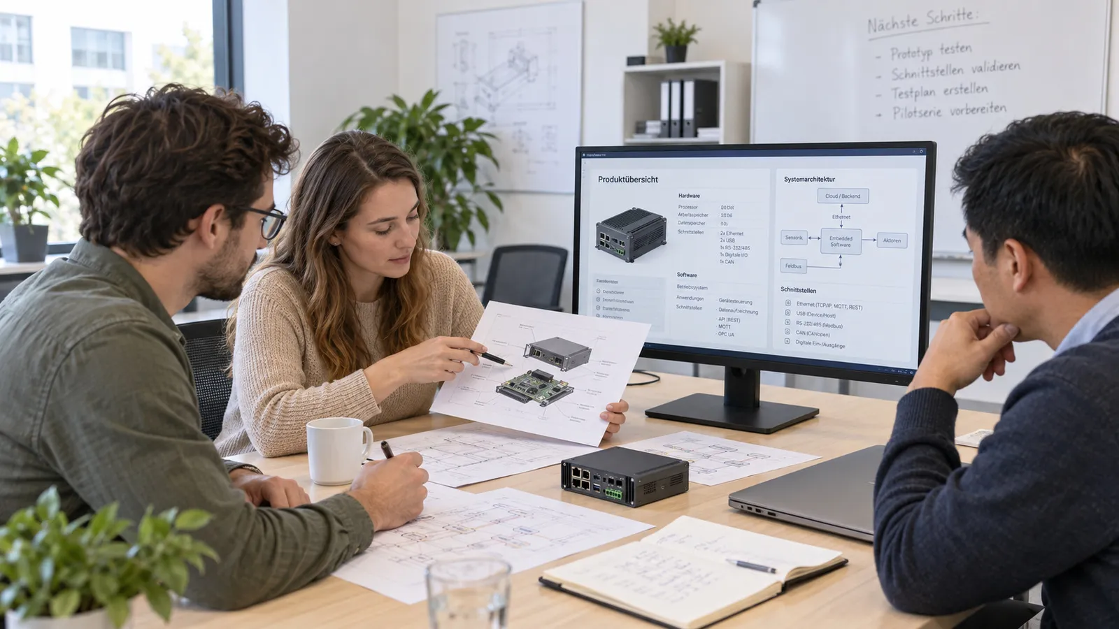 Drei Personen erfassen am Tisch ein Gerät mit eingebetteter Software, auf dem Bildschirm die Produktübersicht