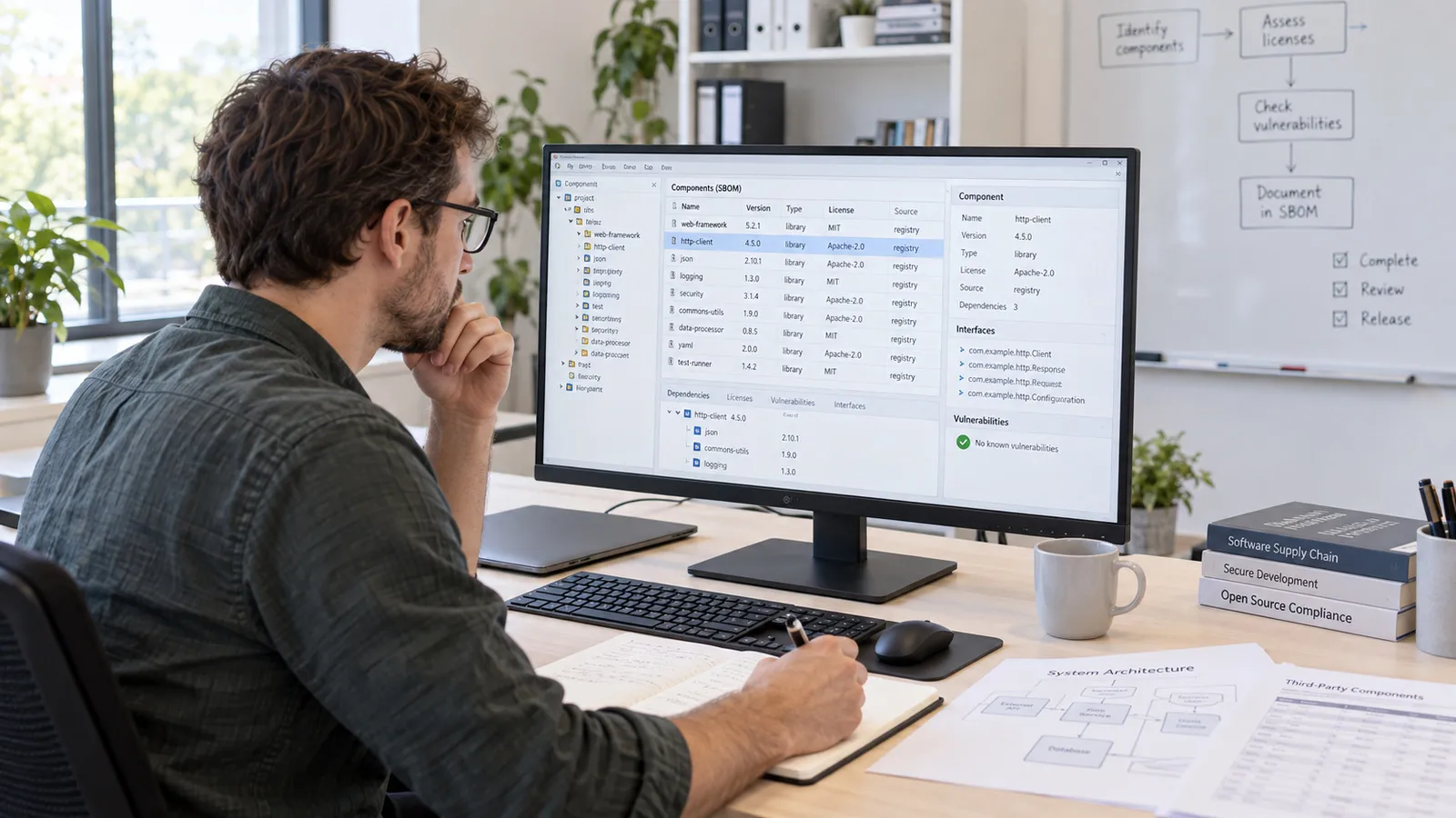 Ein Entwickler prüft am Bildschirm die Liste der Softwarekomponenten mit Versionen und Lizenzen
