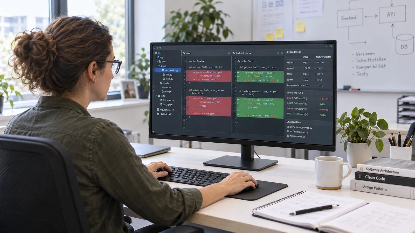 Eine Entwicklerin vergleicht am Bildschirm zwei Softwarestände, auf dem Whiteboard Frontend, API und Datenbank