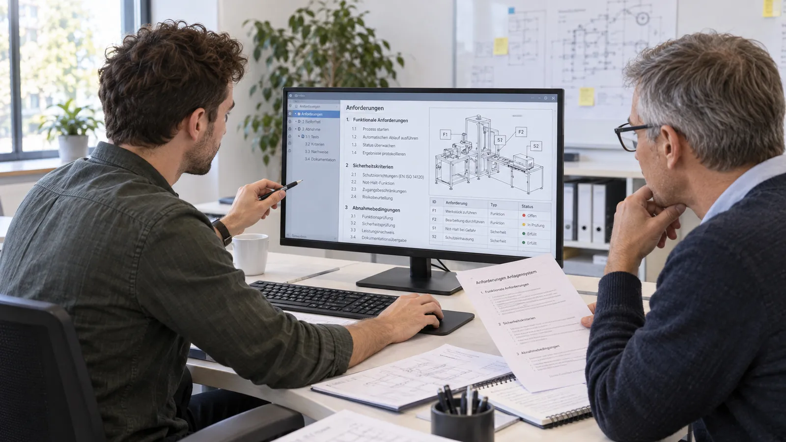 Zwei Personen halten am Bildschirm Anforderungen und Abnahmebedingungen fest