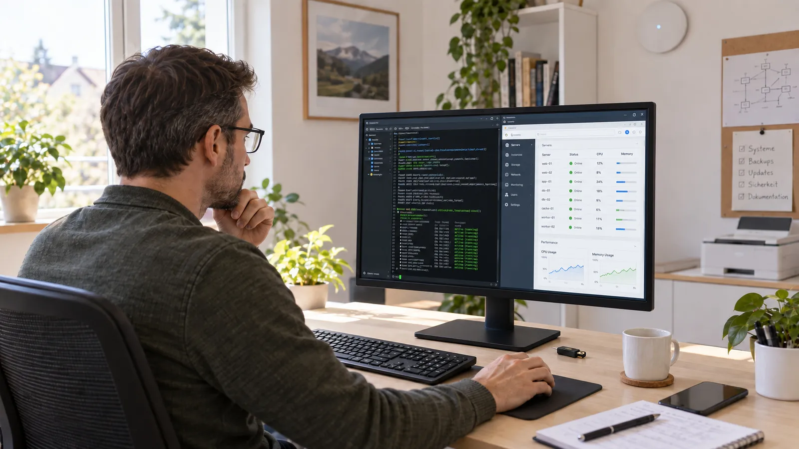 Ein Mitarbeiter wartet von außerhalb über einen gesicherten Zugang die Systeme des Unternehmens