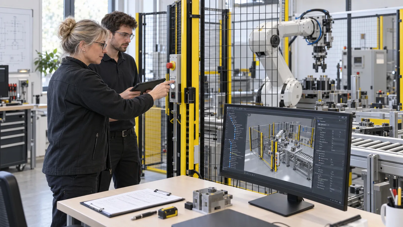 Zwei Fachleute prüfen an der Schutztür einer Roboterzelle eine Schutzfunktion und halten das Ergebnis auf dem Tablet fest