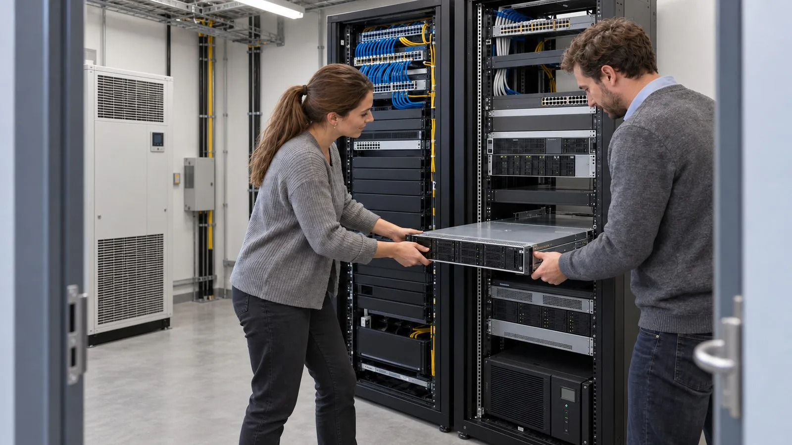 Zwei Personen setzen in einem kleinen Serverraum einen Rackserver in einen 19-Zoll-Schrank ein