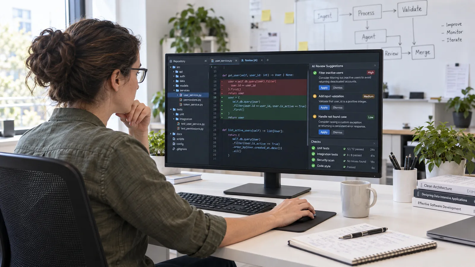 Eine Entwicklerin prüft am Bildschirm Änderungsvorschläge eines KI-Agenten im Code