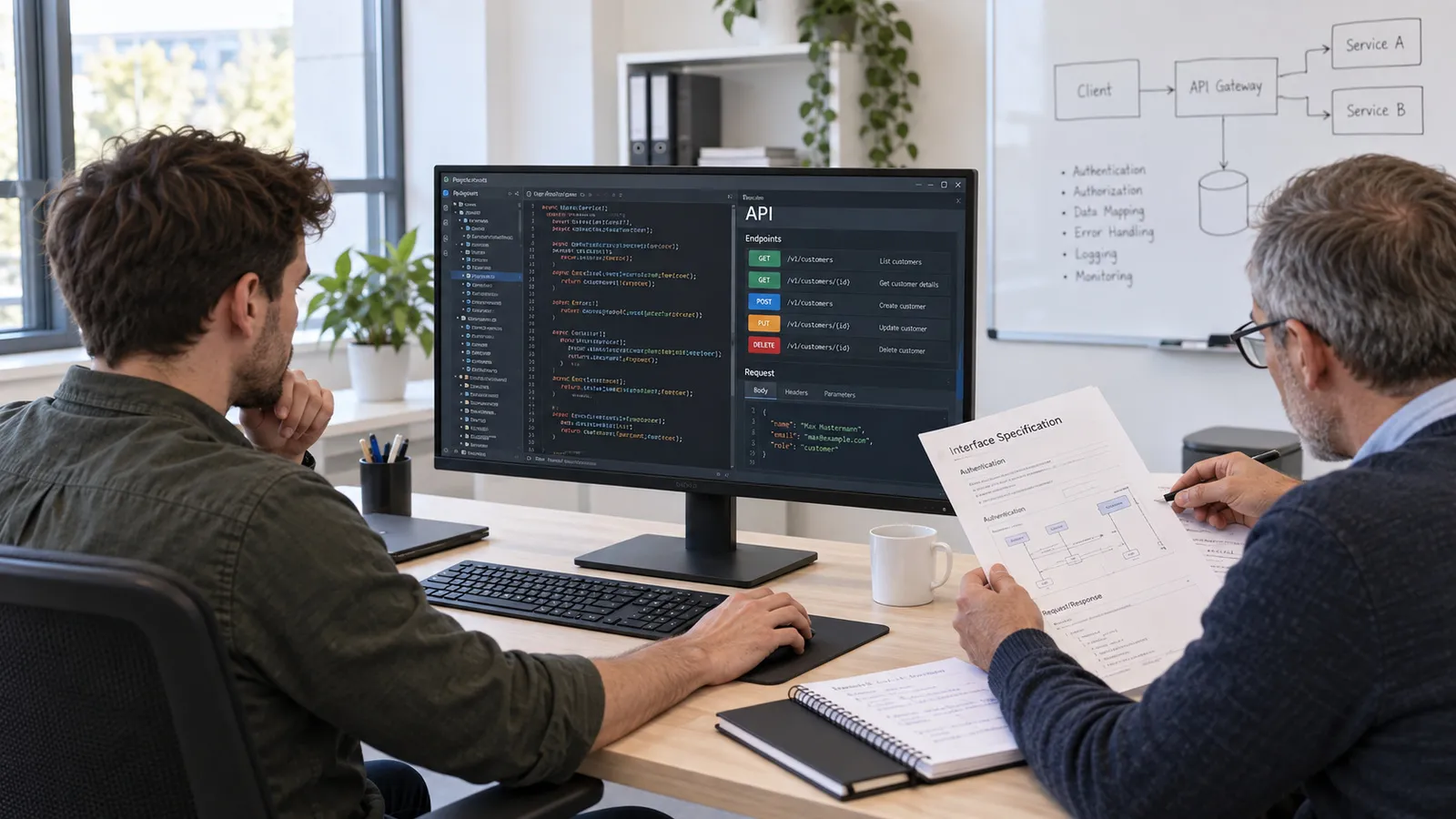 Ein Entwickler implementiert am Bildschirm eine API, ein Kollege liest die Schnittstellenspezifikation