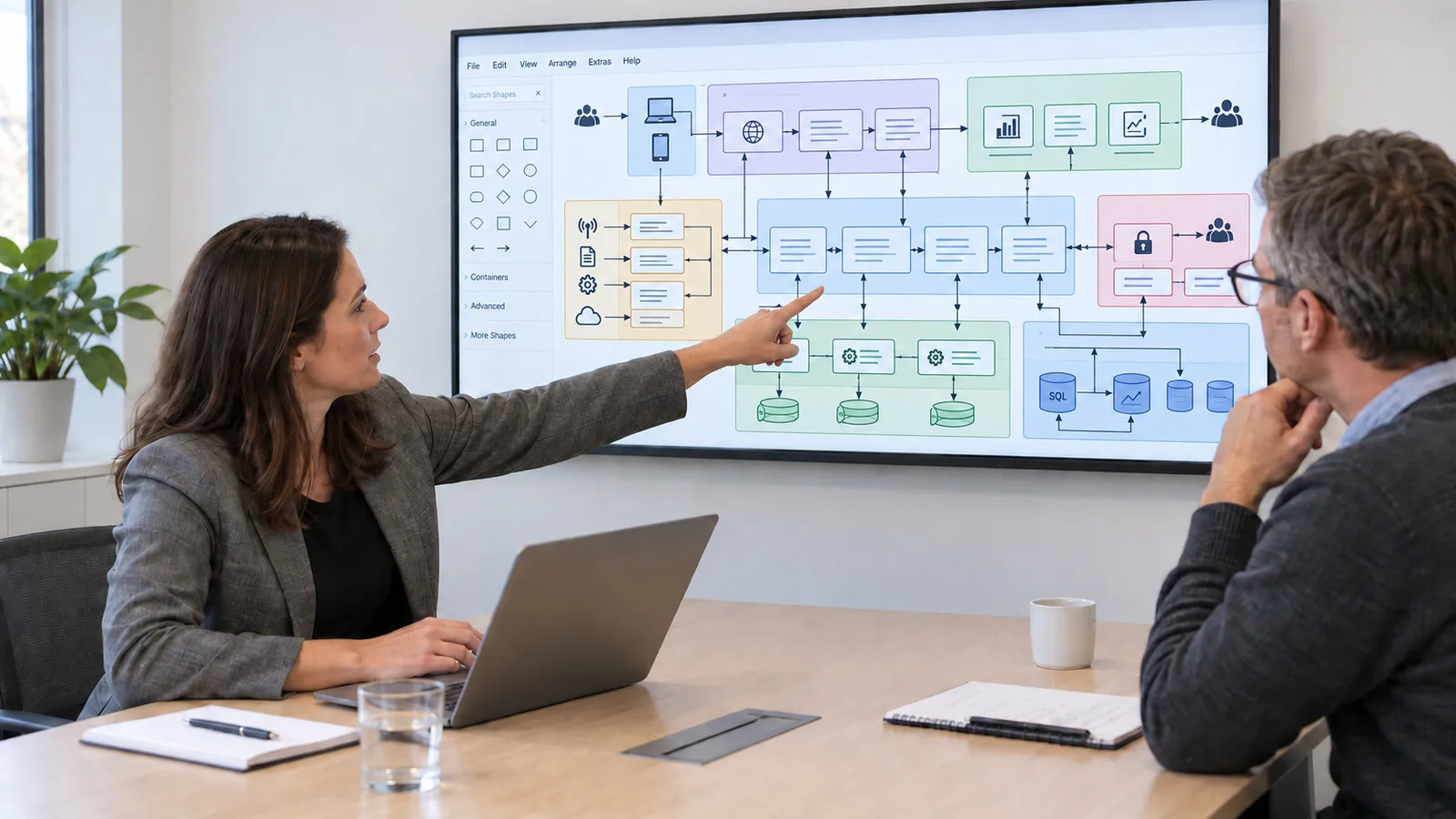 Eine Architektin erläutert auf dem Wandbildschirm ein Architekturdiagramm mit Komponenten und Datenwegen