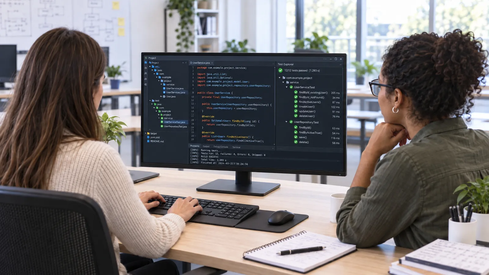 Eine Entwicklerin schreibt Code mit Testergebnissen am Bildschirm, eine Kollegin sieht zu